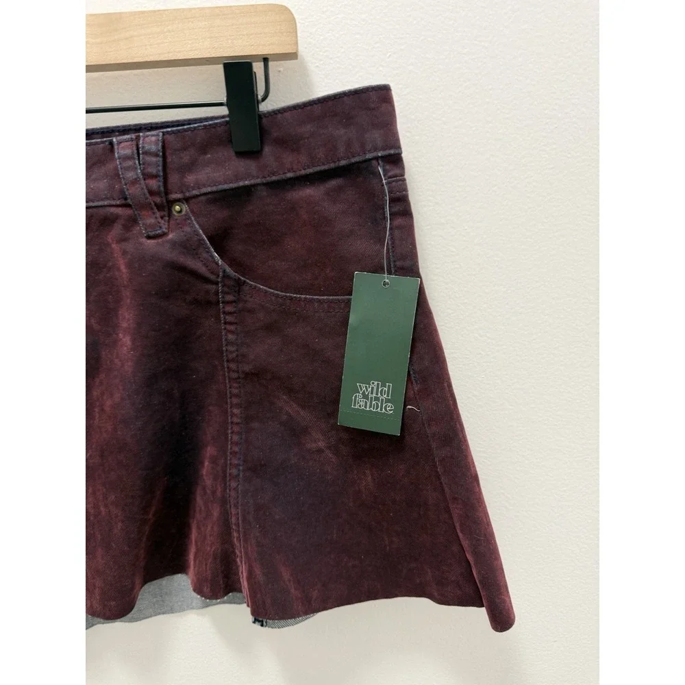 Wild Fable Mini Skirt Women's 14 Burgundy Acid Wash Denim Flare NWT Target